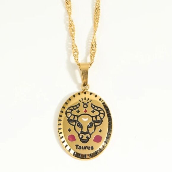 NEW 18K Gold Plated Stainless Steel TAURUS Sign Zodiac Oval Pendant Necklace - Picture 1 of 3